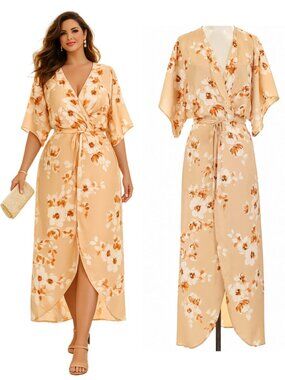 Lezat Joey Floral Maxi Wrap Dress NWT in Satin Peach XL